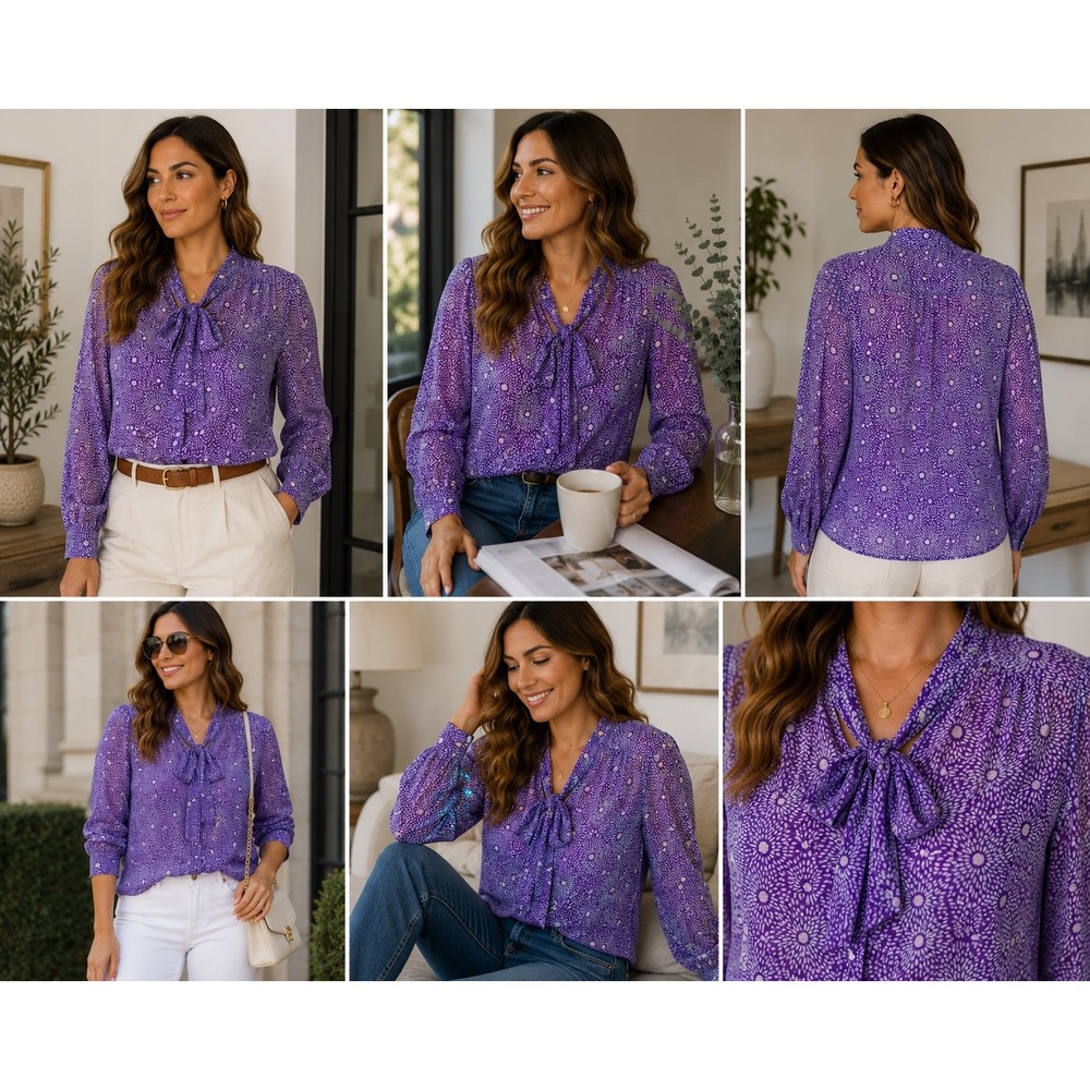 Diane von Furstenberg 100% Silk Purple Tie Neck Blouse Size 8 Career Office